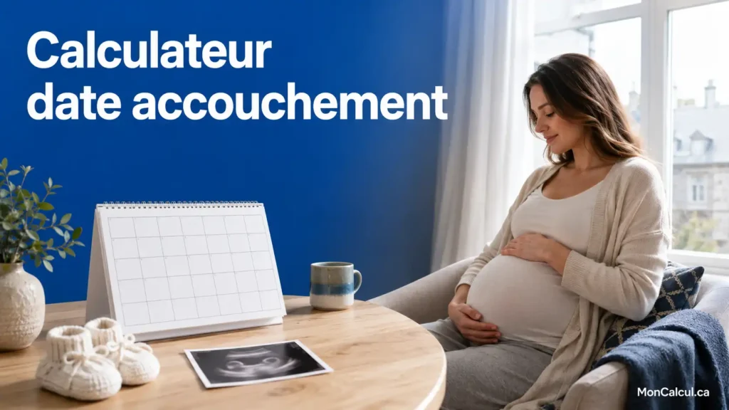 Calculateur date accouchement illustré par une personne enceinte, un calendrier de grossesse et une échographie dans un intérieur lumineux.
