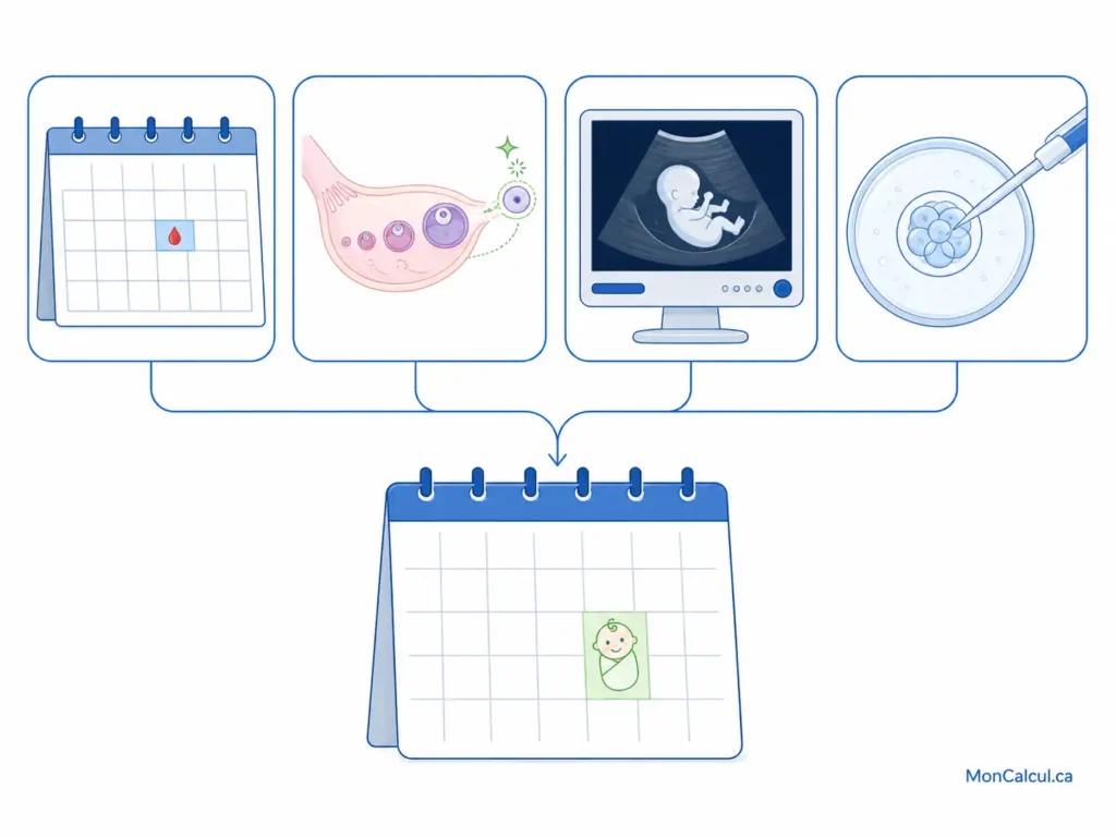 Calendrier des étapes de grossesse au Québec illustrant les échographies, le dépistage prénatal, le diabète de grossesse et la naissance.