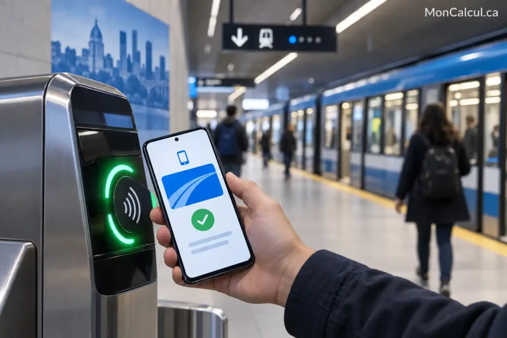 Carte OPUS virtuelle sur Android à Montréal en 2026, téléphone utilisé comme titre de transport devant un valideur STM dans le Grand Montréal, application mobile