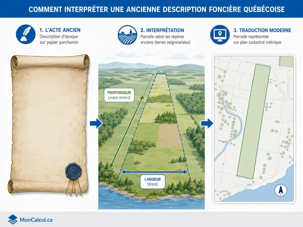 Ancien acte québécois relié à une parcelle seigneuriale et à un plan cadastral métrique moderne.