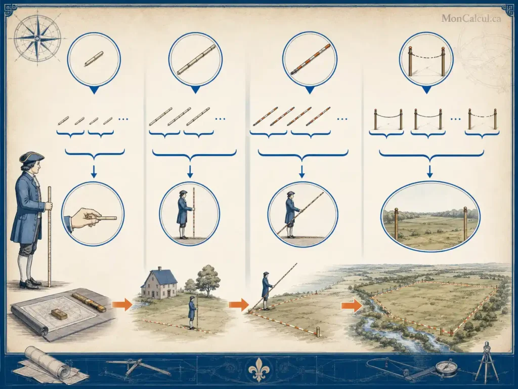 Relation visuelle entre pied français, toise, perche française et arpent québécois.