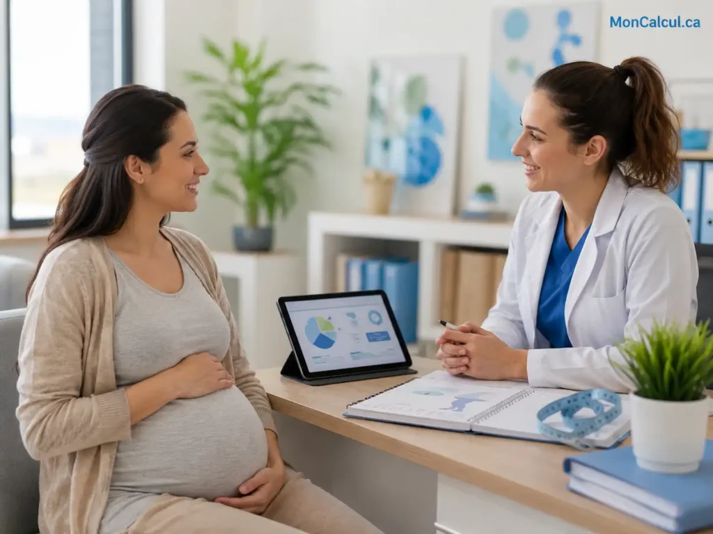 Femme enceinte discutant de son IMC avant la grossesse et de son gain de poids indicatif avec une professionnelle de la santé.