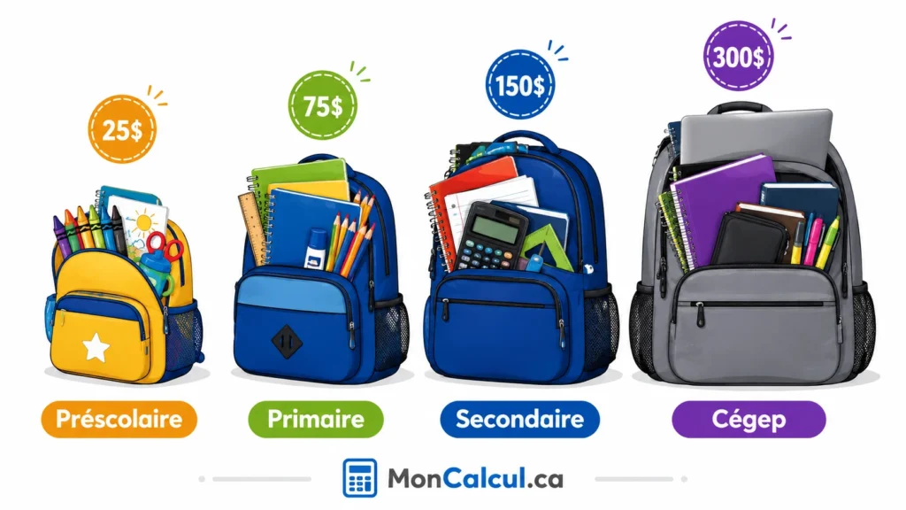 Infographie comparative du budget de rentrée scolaire par niveau scolaire au Québec, du préscolaire au cégep.
budget rentrée scolaire, coût niveau scolaire, primaire secondaire cégep, dépenses rentrée Québec