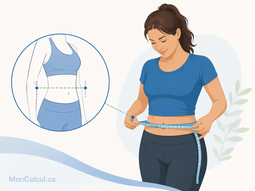 Femme adulte mesurant correctement son tour de taille à mi-chemin entre la dernière côte et le haut du bassin pour compléter l’interprétation de son IMC.