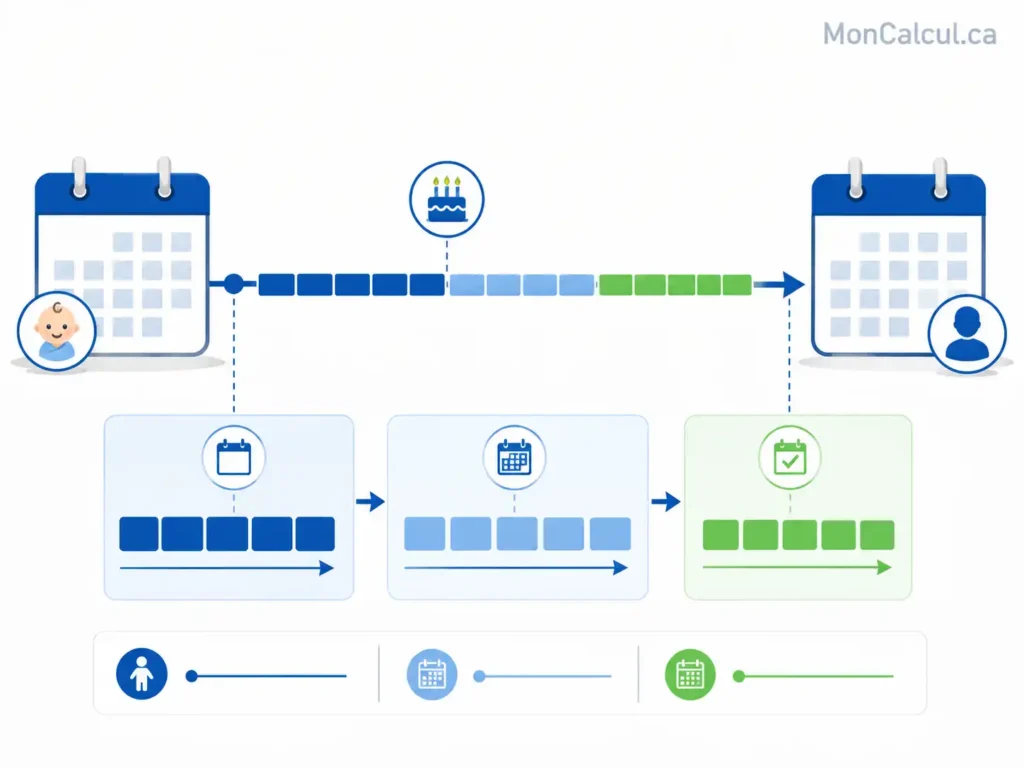 Ligne temporelle montrant le calcul de l’âge en années, mois et jours entre deux dates.