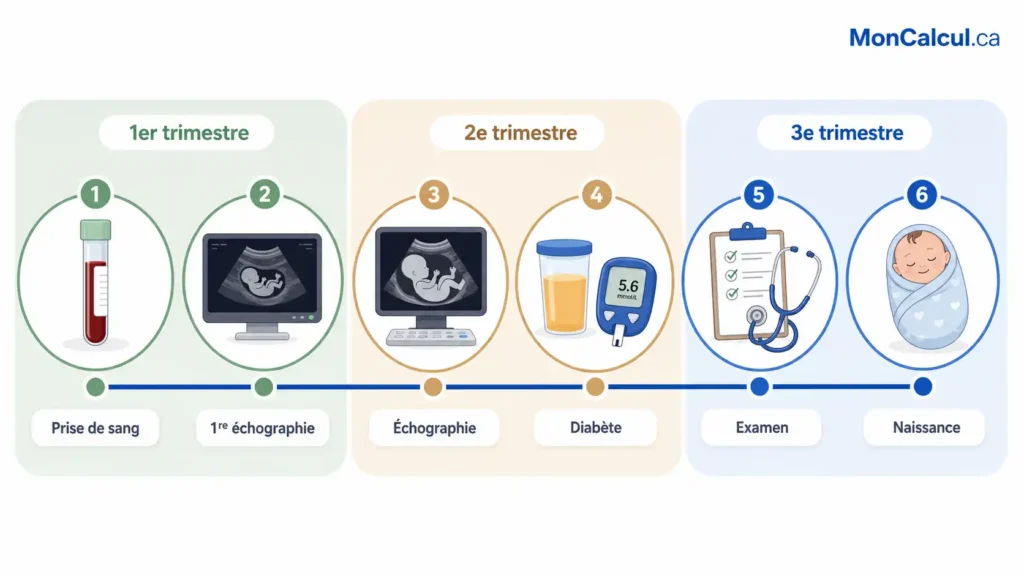 Illustration des méthodes de calcul de la date d’accouchement selon les dernières règles, l’ovulation, l’échographie et la fécondation in vitro.