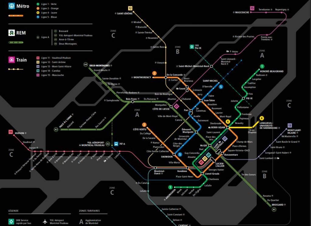 Carte détaillée des 4 lignes (verte, orange, jaune, bleue) du métro de Montréal avec les stations et correspondances STM. plan stm