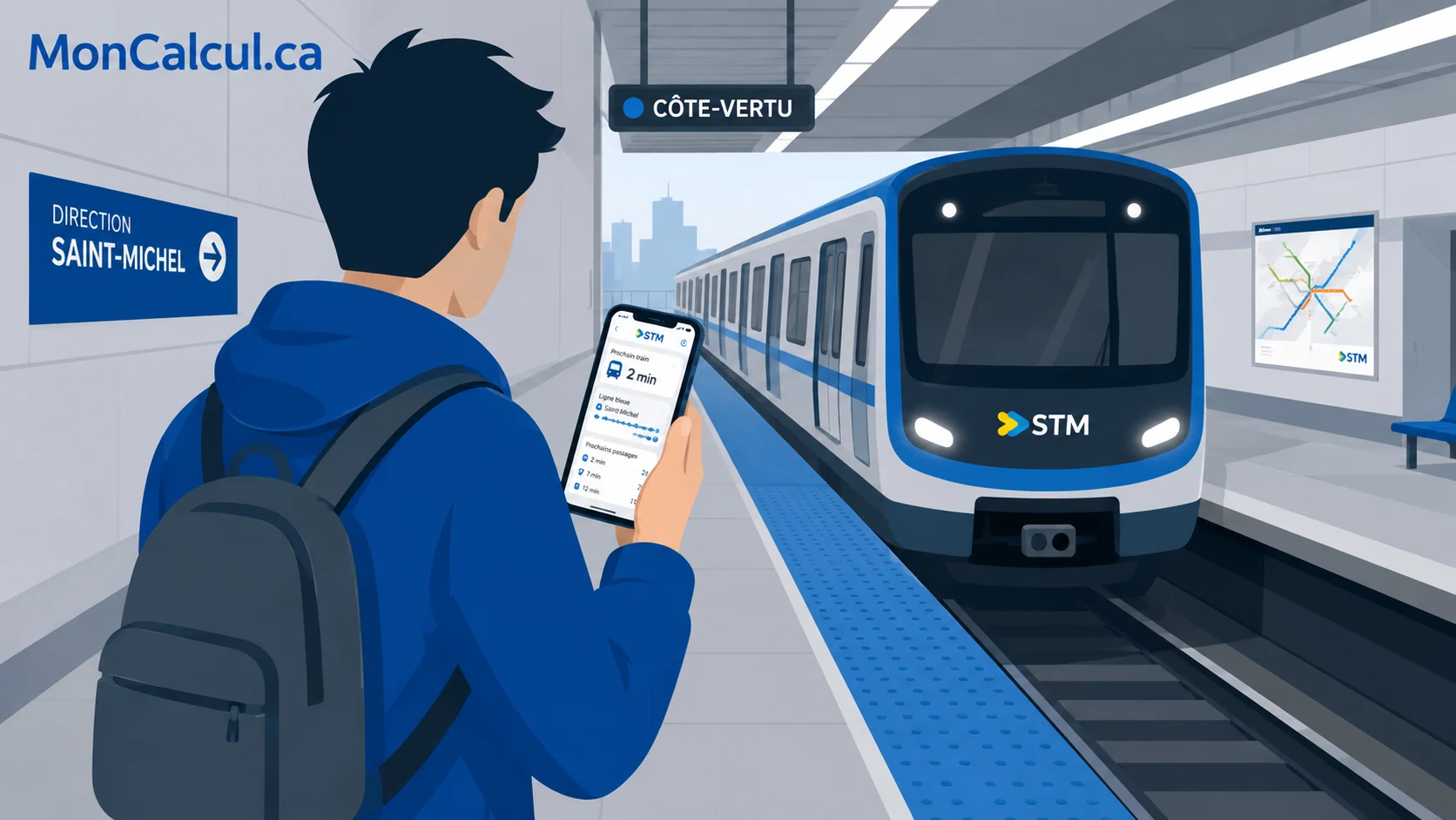 Voyageur consultant une application de transport sur son téléphone dans une station de métro à Montréal.