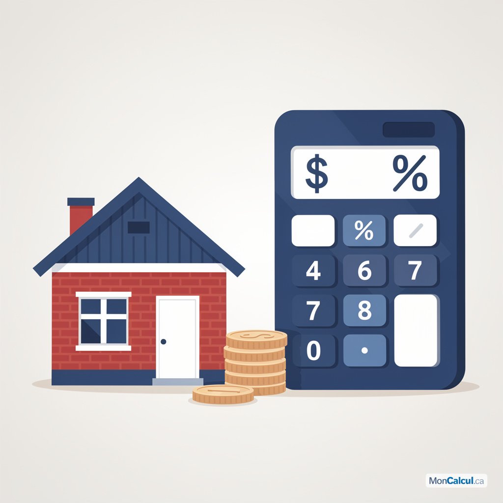 Calculateur hypothécaire au Québec : maison et calculatrice illustrant le calcul d'un versement mensuel de prêt immobilier