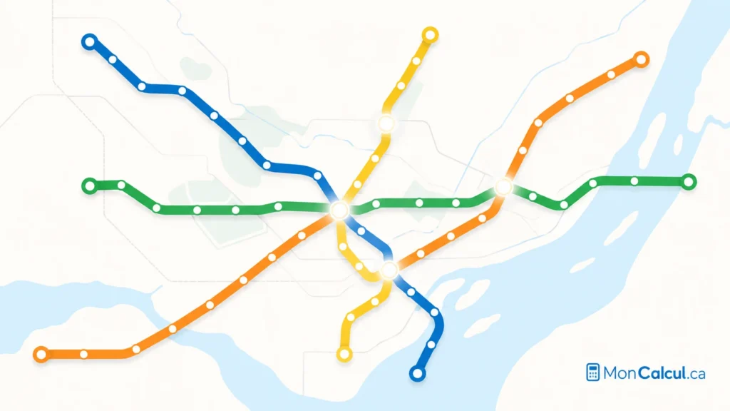 Carte stylisée du réseau de métro de Montréal avec les quatre lignes colorées.