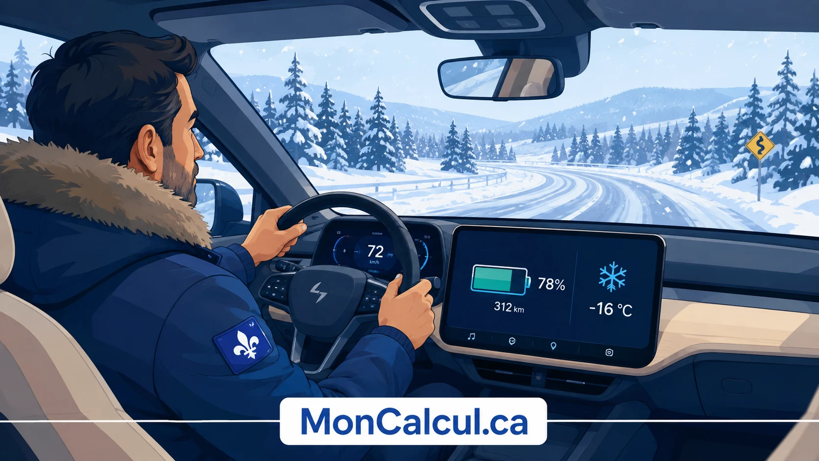 Conducteur québécois vérifiant l'autonomie restante de son véhicule électrique par temps froid et neige.