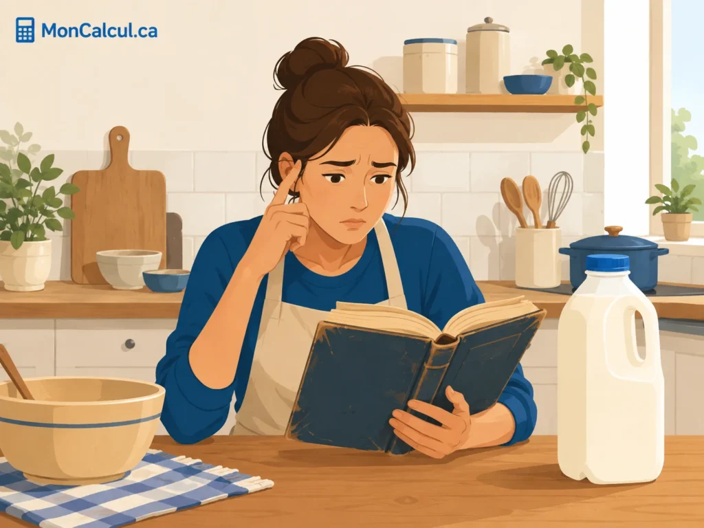 Personne lisant un livre de recettes en cuisine à côté d'une pinte de lait québécoise.