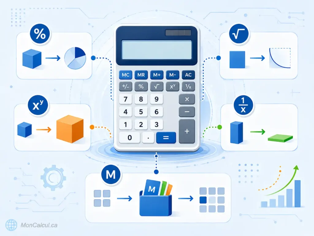 Calculette avec pourcentage, racine carrée, puissance, mémoire et constante pi