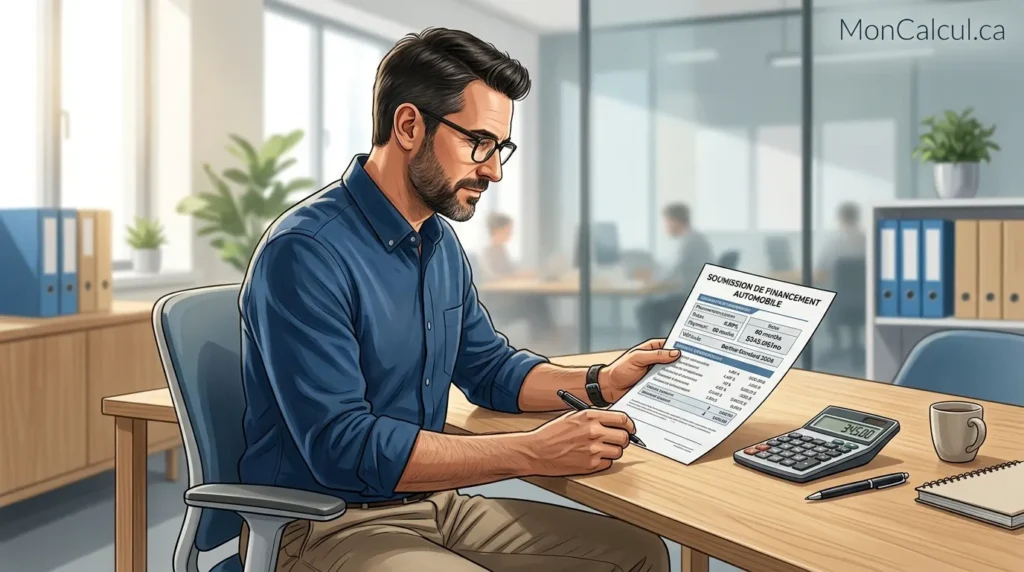 Acheteur analysant une proposition de financement automobile et calculant le coût réel de ses versements.