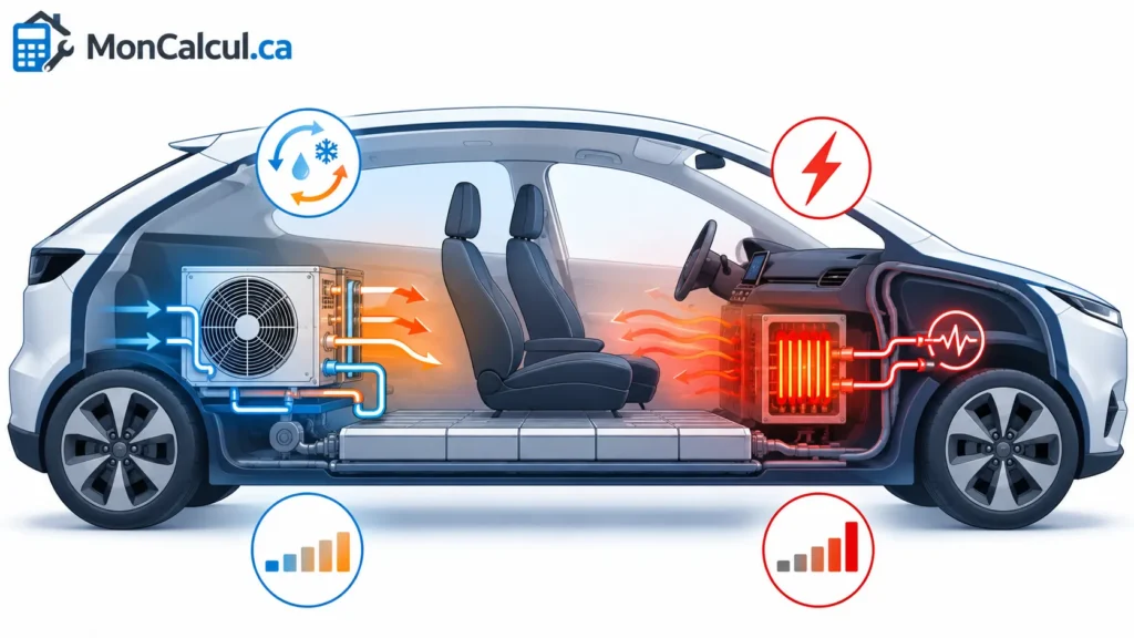 Comparaison infographique entre pompe à chaleur et chauffage résistif dans un véhicule électrique.