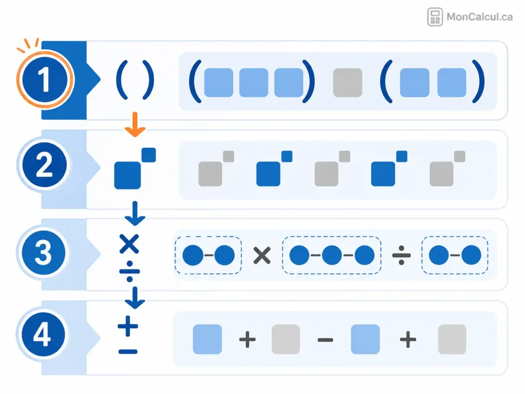 Illustration de la priorité des parenthèses, puissances, multiplications et additions