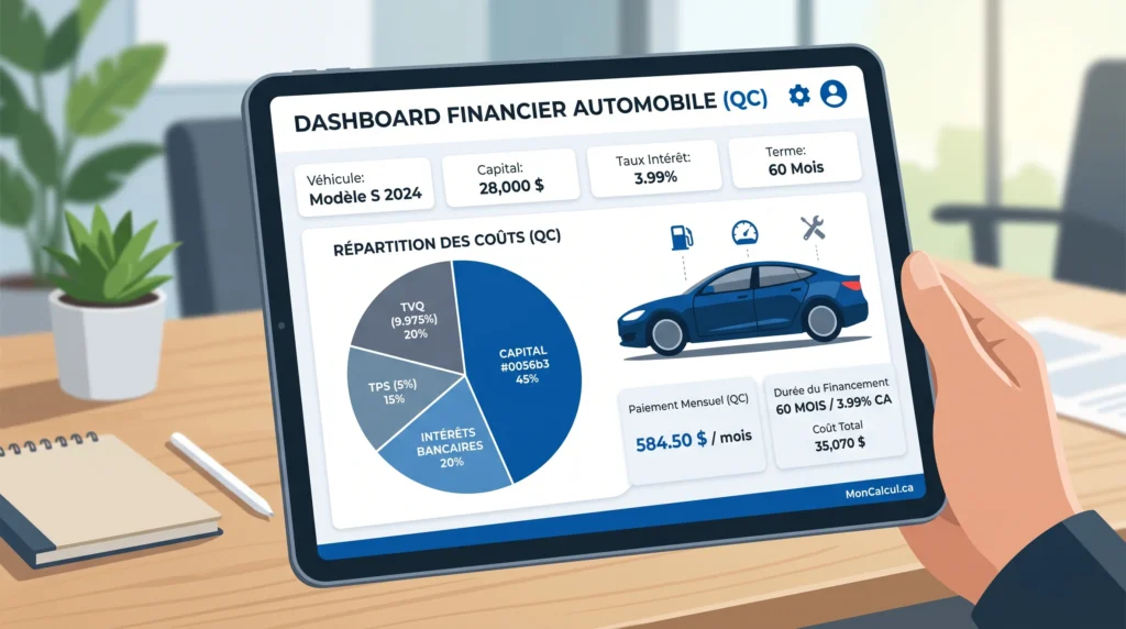 Graphique illustrant la répartition entre le capital, les intérêts et les taxes de vente pour un prêt automobile au Québec.