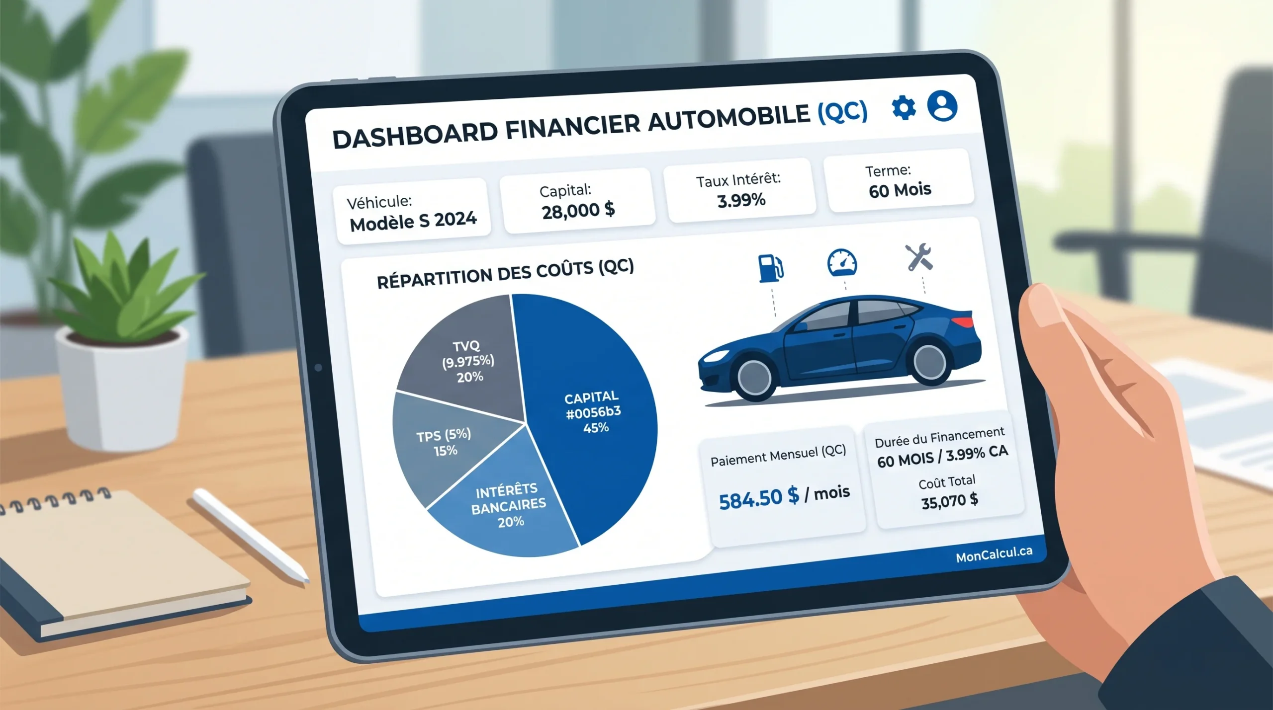 Graphique illustrant la répartition entre le capital, les intérêts et les taxes de vente pour un prêt automobile au Québec.