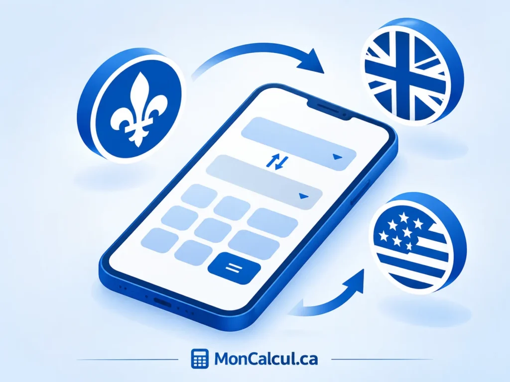 Application de calcul entourée d'icônes représentant le Québec, le Royaume-Uni et les États-Unis.