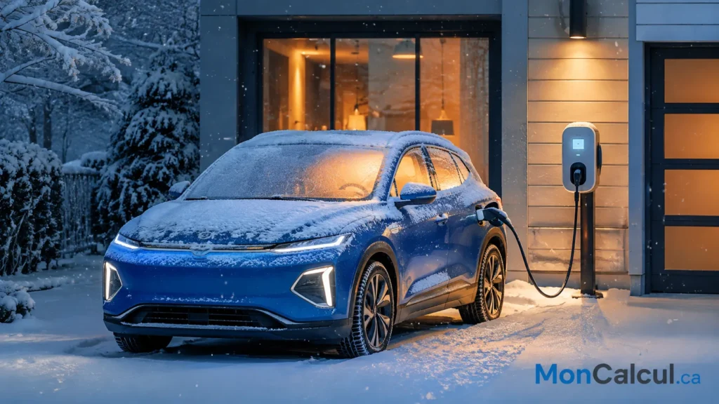 Véhicule électrique branché en hiver pour le préconditionnement avant un trajet par temps froid au Québec.
