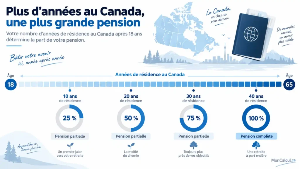  Infographie montrant qu’une pension SV partielle correspond généralement aux années de résidence au Canada divisées par 40.