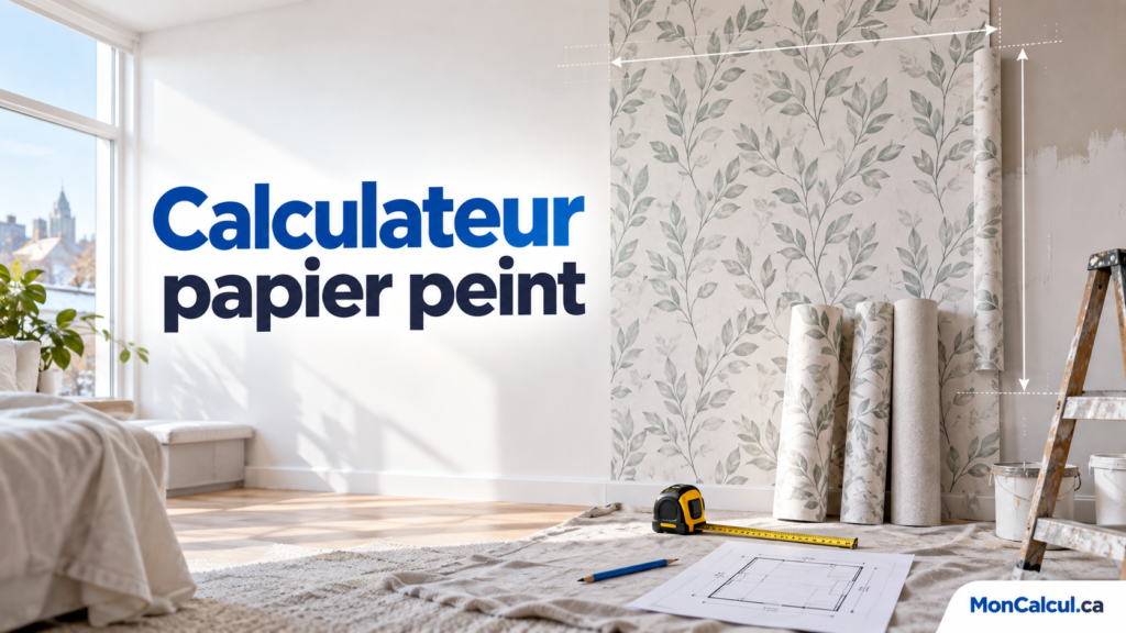 Calculateur papier peint avec rouleaux, mur à mesurer et dimensions d’une pièce.