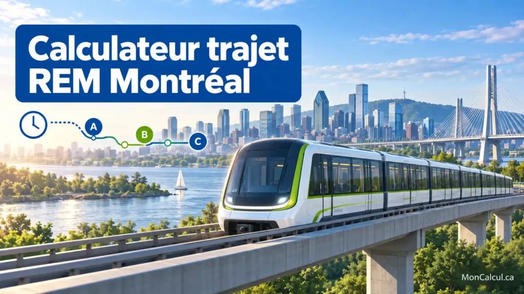 Calculateur trajet REM Montréal avec rame du REM, temps de parcours et zones tarifaires A, B et C.