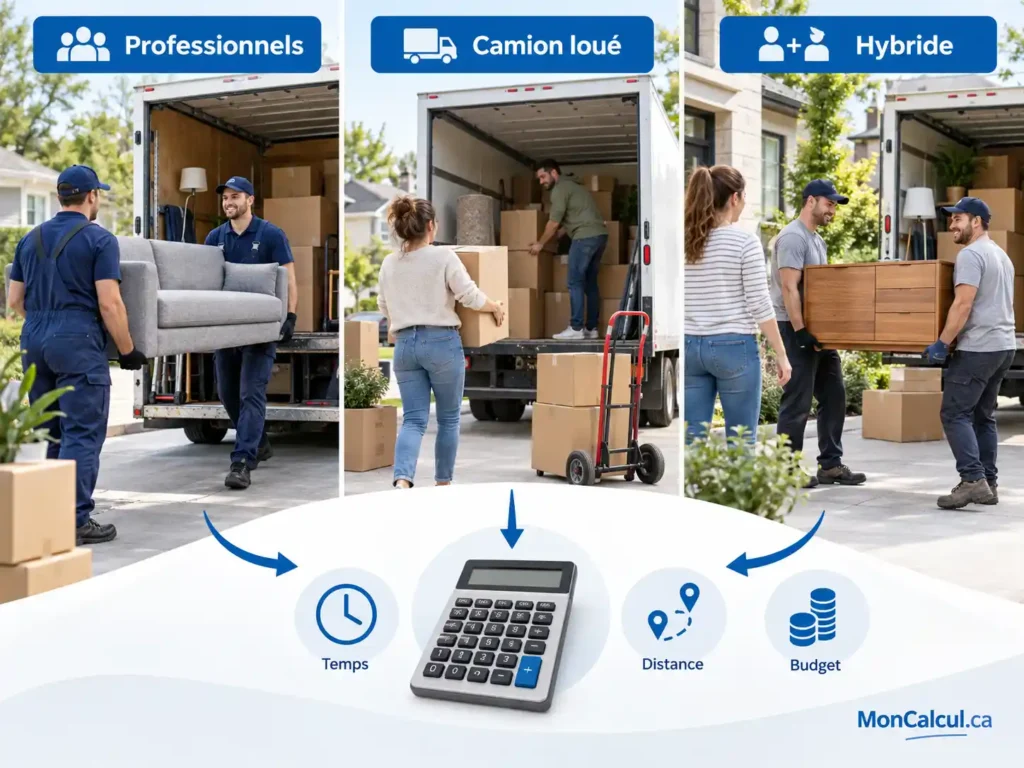 Comparaison déménageurs professionnels, camion de location et déménagement hybride pour estimer le coût au Québec
