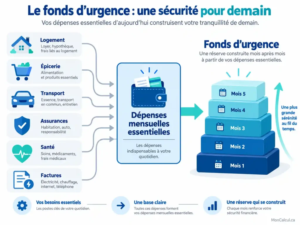 Infographie montrant comment les dépenses essentielles mensuelles servent à calculer un fonds d’urgence en plusieurs mois.