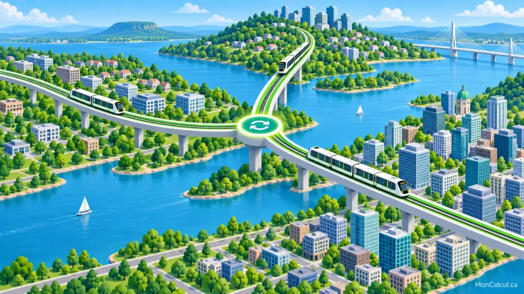 Schéma illustré du REM avec corridor central et correspondance à Bois-Franc vers Deux-Montagnes et Anse-à-l’Orme.