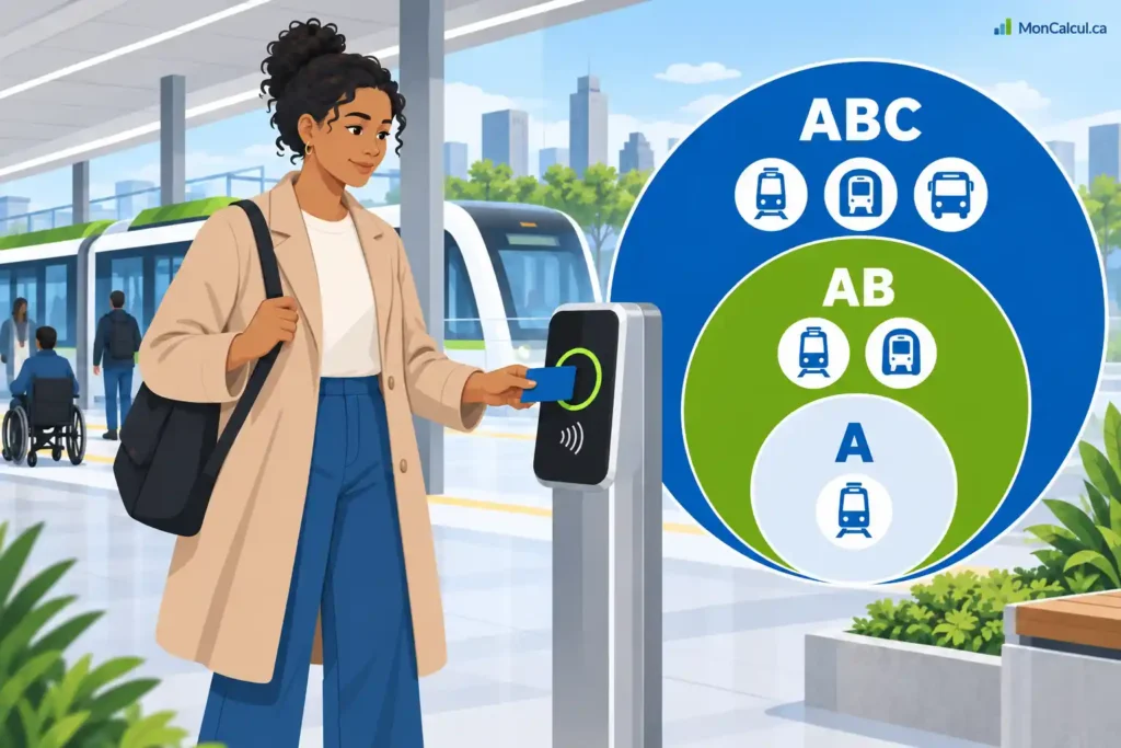 Voyageur choisissant un titre ARTM A, AB ou ABC pour payer un trajet en REM de Montréal.