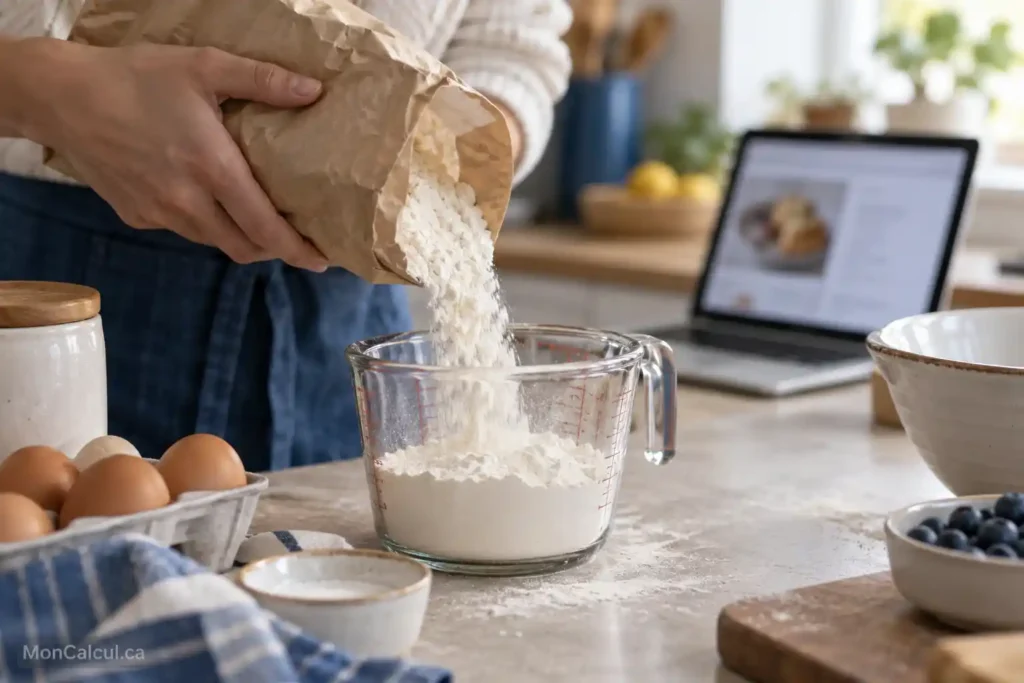 Mesurer de la farine pour adapter une recette américaine en tasses canadiennes.