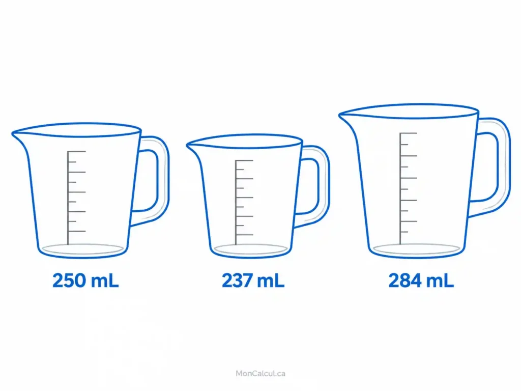 Comparaison visuelle des volumes de la tasse canadienne, américaine et impériale en millilitres.