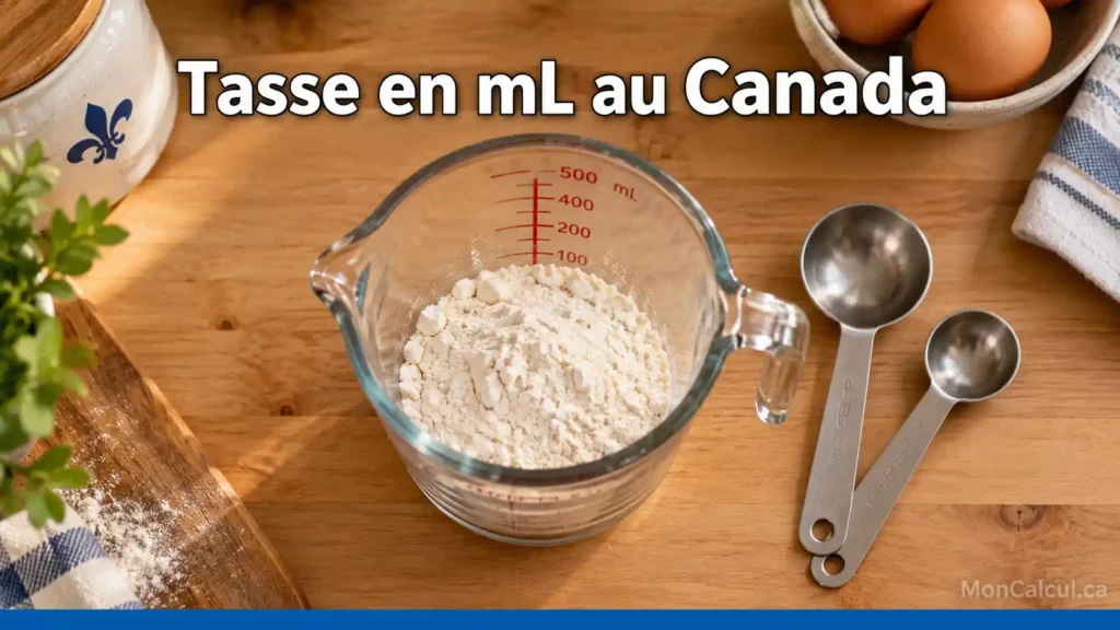 Tasse à mesurer graduée en mL avec cuillères à mesurer, convertisseur tasses et cuillères en millilitres au Canada.