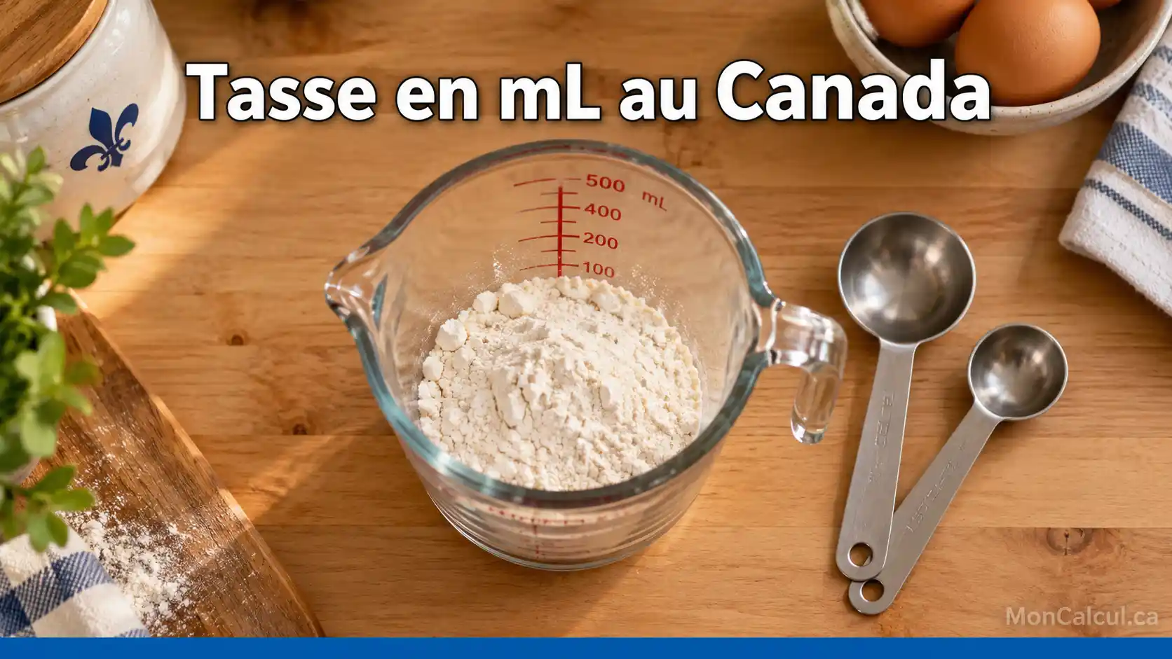Tasse à mesurer graduée en mL avec cuillères à mesurer, convertisseur tasses et cuillères en millilitres au Canada.