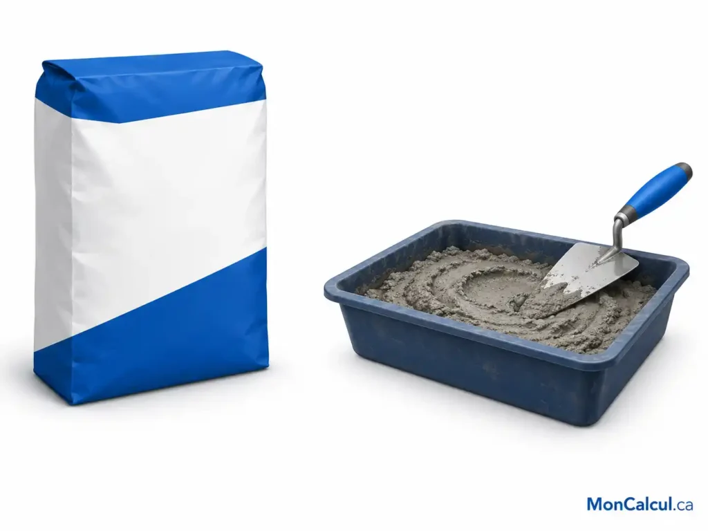 Sac de mélange à béton et petit bac de béton préparé présentés côte à côte.