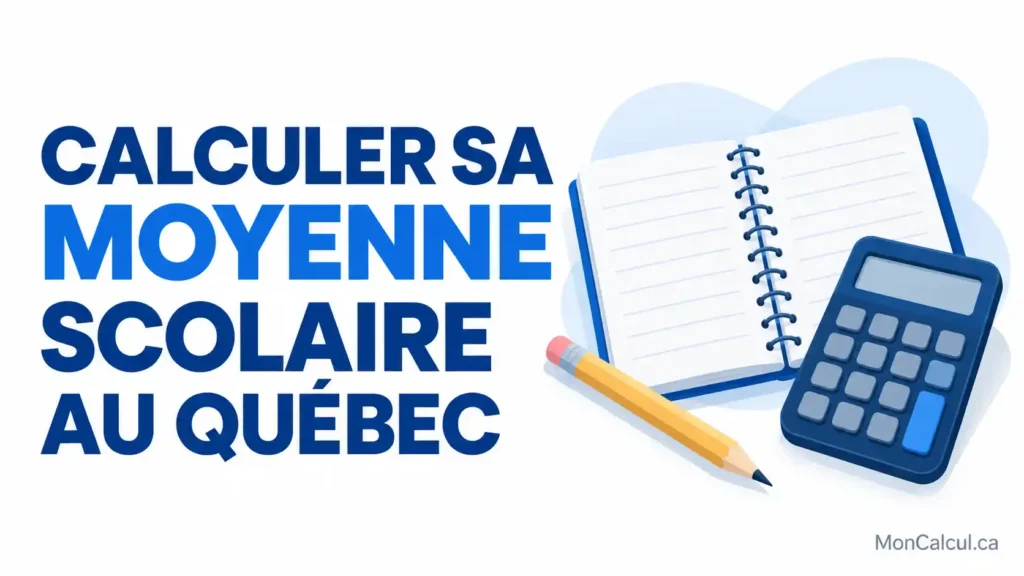 Calculer sa moyenne scolaire au Québec. Un outil pour estimer la moyenne pondérée des étapes. Cahier, crayon et calculatrice illustrant le calcul d’une moyenne scolaire.