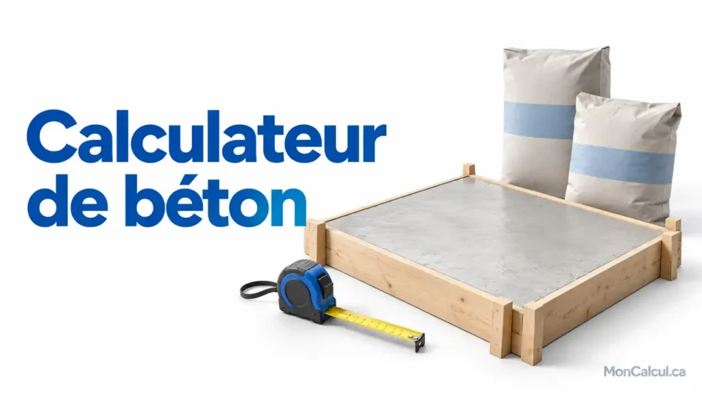 Calculateur de béton : volume et sacs.
Estimez un volume de béton à partir des dimensions à remplir.
Dalle de béton dans un coffrage, accompagnée d’un ruban à mesurer et de sacs de mélange.