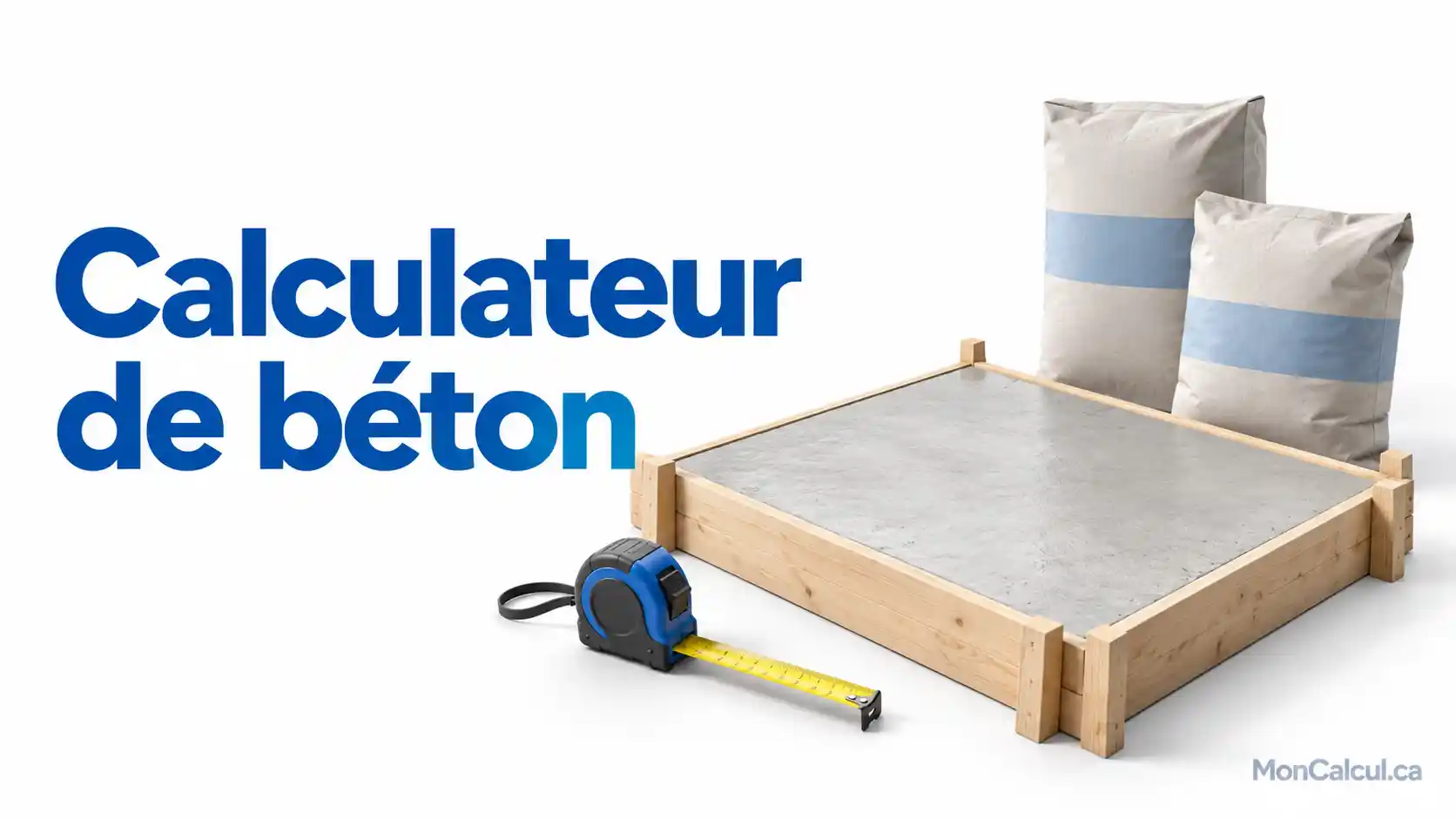 Calculateur de béton : volume et sacs. Estimez un volume de béton à partir des dimensions à remplir. Dalle de béton dans un coffrage, accompagnée d’un ruban à mesurer et de sacs de mélange.