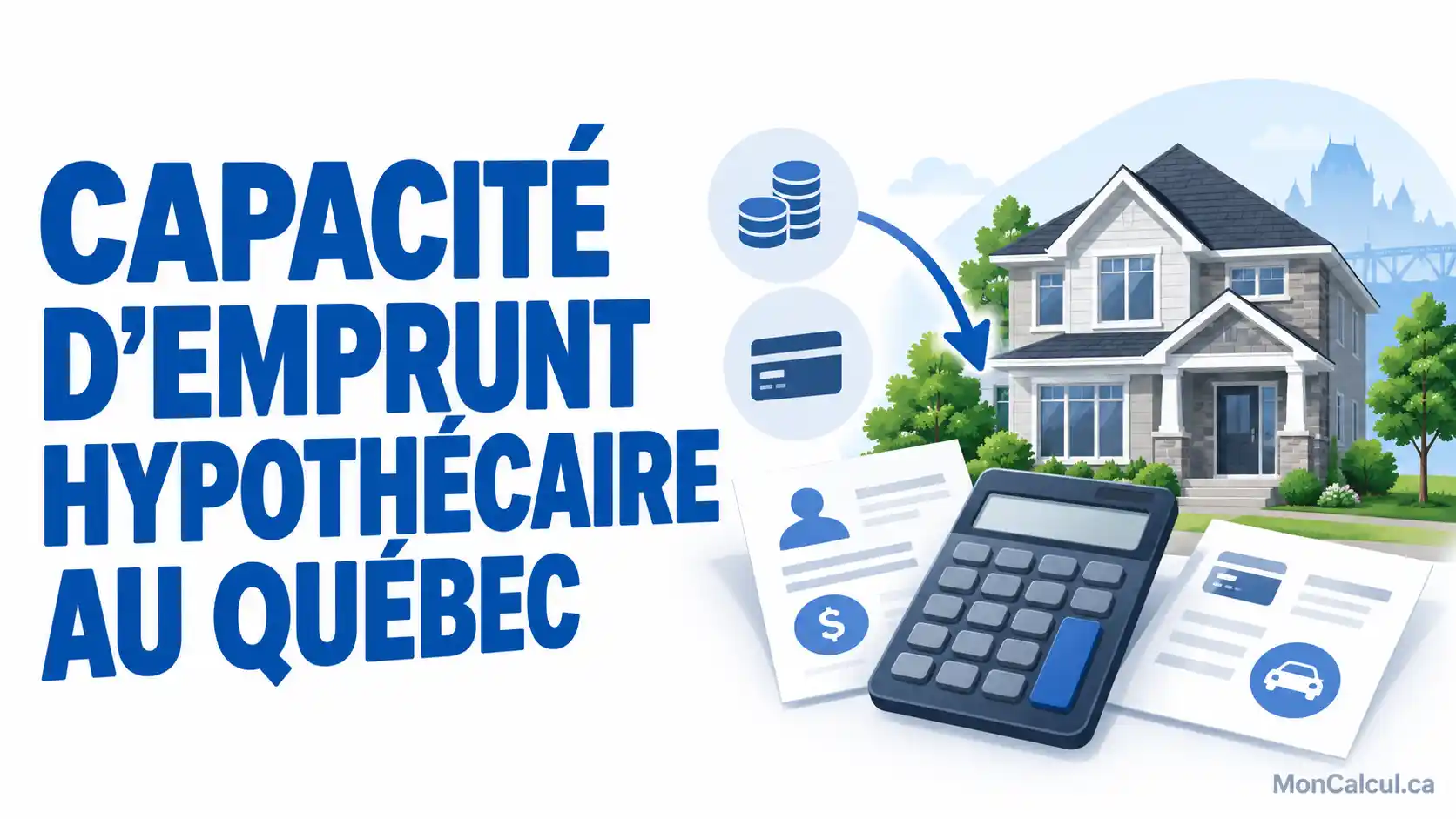 Calculateur de capacité d’emprunt hypothécaire au Québec Illustration du calcul de la capacité d’emprunt à partir des revenus, des dettes et des frais de logement. Maison, calculatrice et documents illustrant un calcul de capacité d’emprunt hypothécaire au Québec.