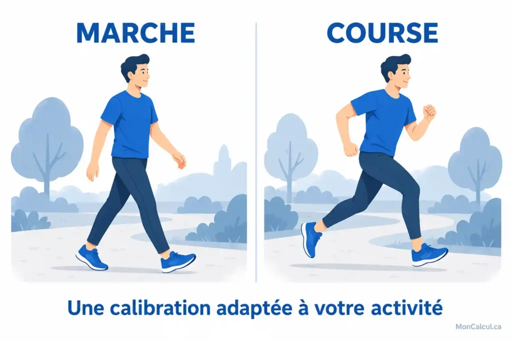 Une personne représentée en marchant à gauche et en courant à droite