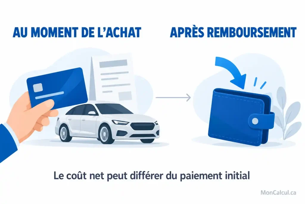 Le paiement au moment de l’achat est distingué du coût après un éventuel remboursement.