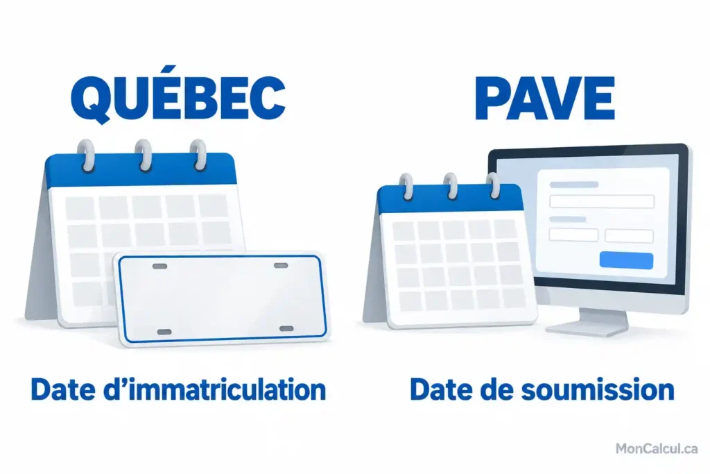 Deux calendriers distinguent la date d’immatriculation au Québec et la date de soumission au PAVE.