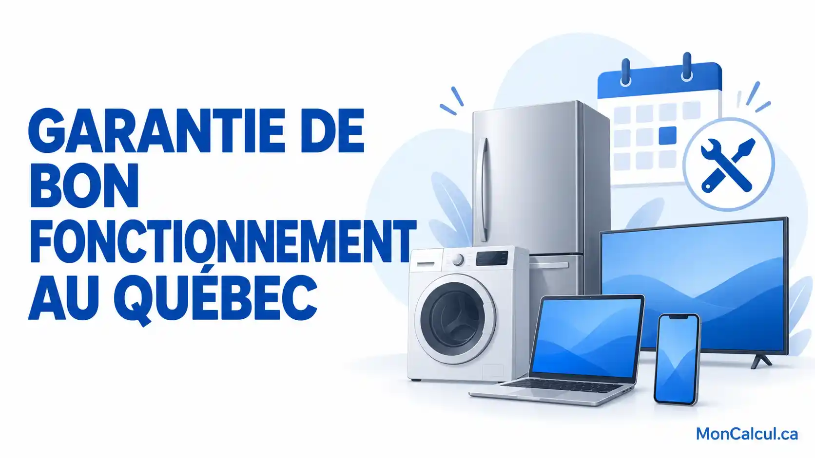 Calculateur Garantie de bon fonctionnement au Québec Appareils visés par la garantie de bon fonctionnement au Québec. Illustration d’électroménagers et appareils électroniques avec calendrier représentant la garantie de bon fonctionnement au Québec.