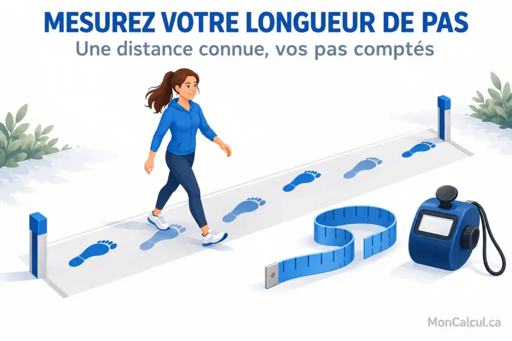 Parcours délimité, empreintes alternées, ruban de mesure et compteur de pas