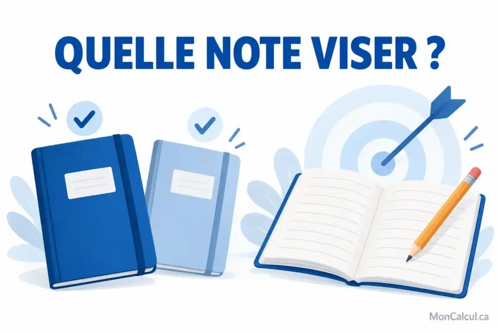 Deux cahiers terminés et un cahier ouvert devant une cible symbolisant la prochaine étape.