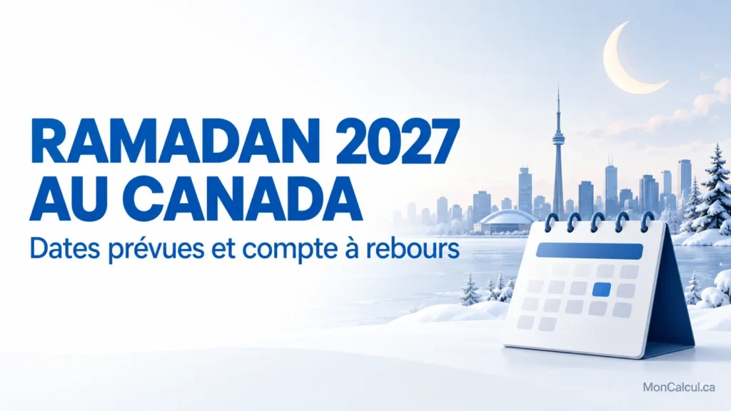 Calendrier stylisé et titre Ramadan 2027 au Canada, dates prévues et compte à rebours