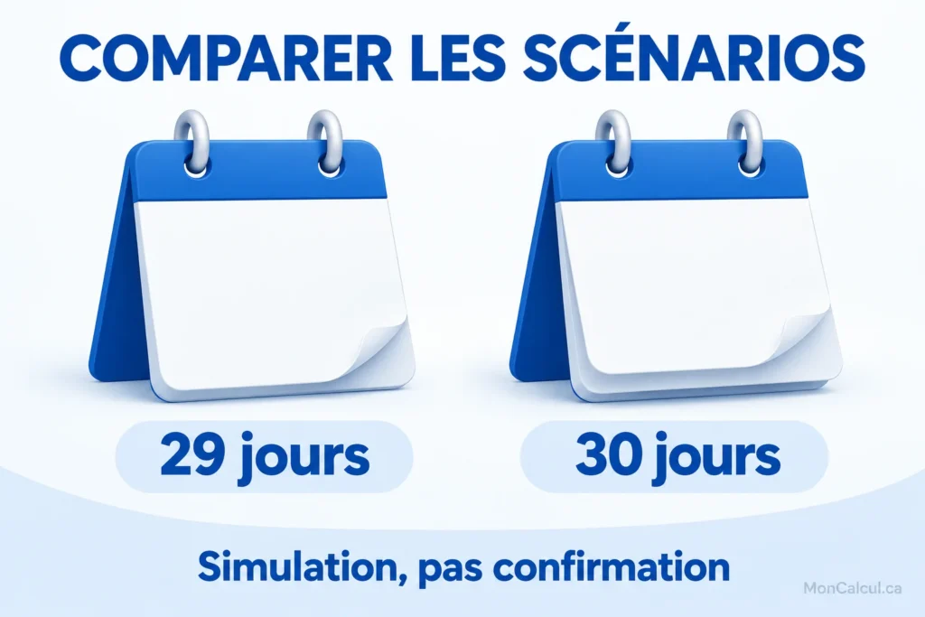 Deux calendriers illustrent les choix de durée de 29 et 30 jours, présentés comme des simulations.