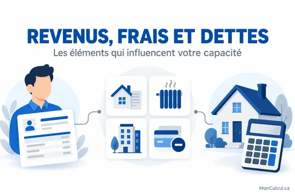 Schéma conceptuel reliant revenus, frais de logement, dettes et achat d’une maison.