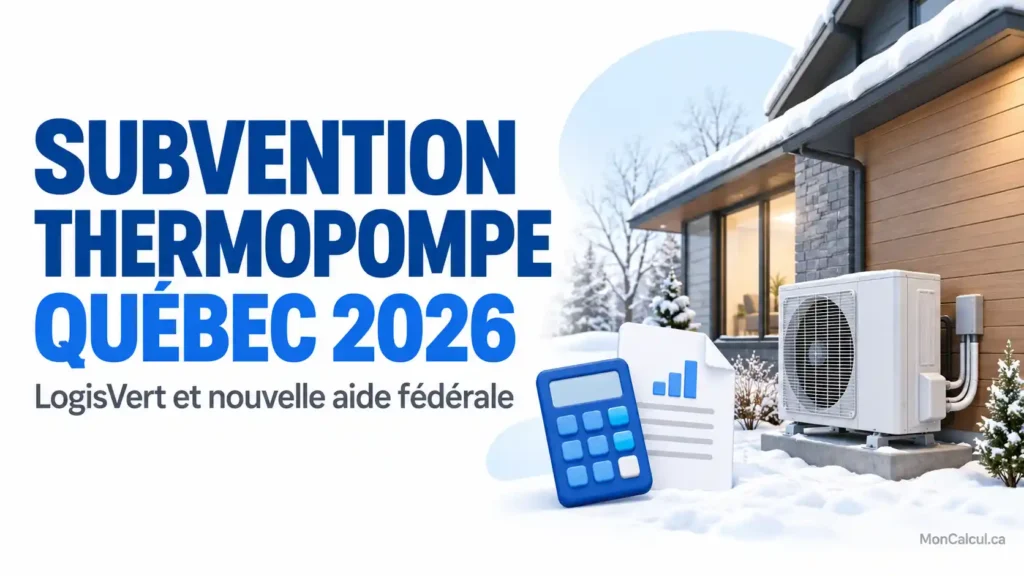 Subvention thermopompe Québec 2026 : LogisVert et fédéral
Deux programmes d'aide à vérifier pour un projet de thermopompe au Québec.
Maison québécoise équipée d'une thermopompe, avec le titre Subvention thermopompe Québec 2026.